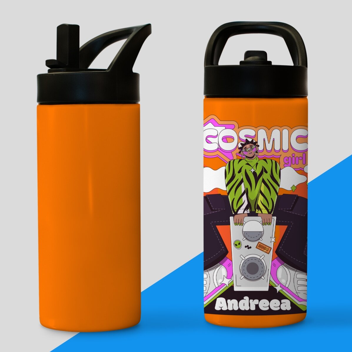 Thermosfles met handvat en rietje, gepersonaliseerd met naam - Cosmic Girl