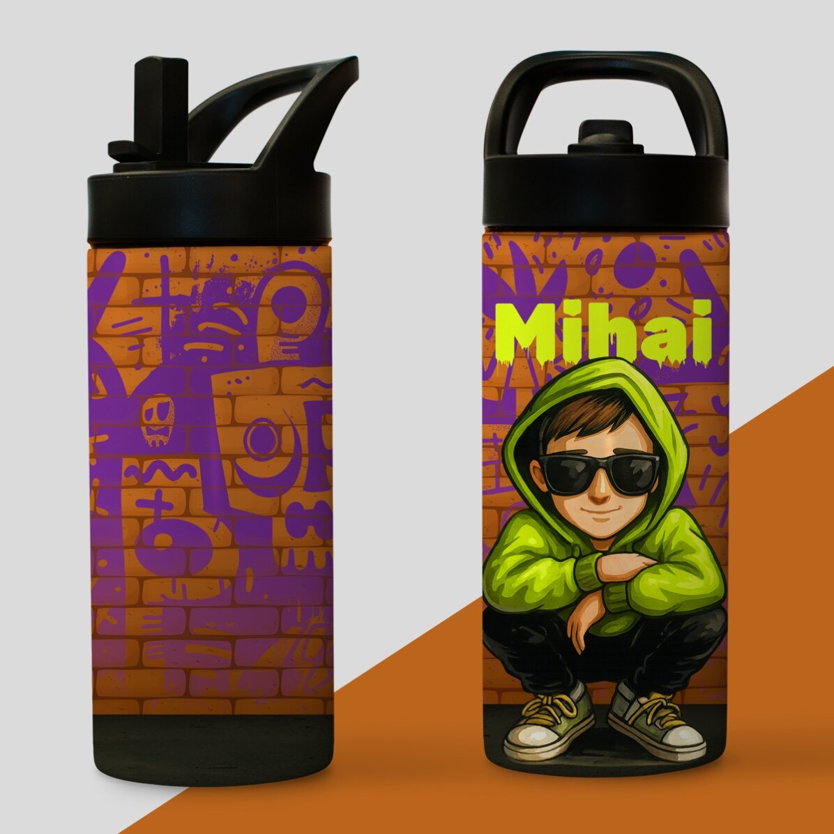 Thermosfles met handvat en rietje, gepersonaliseerd met naam - Graffiti