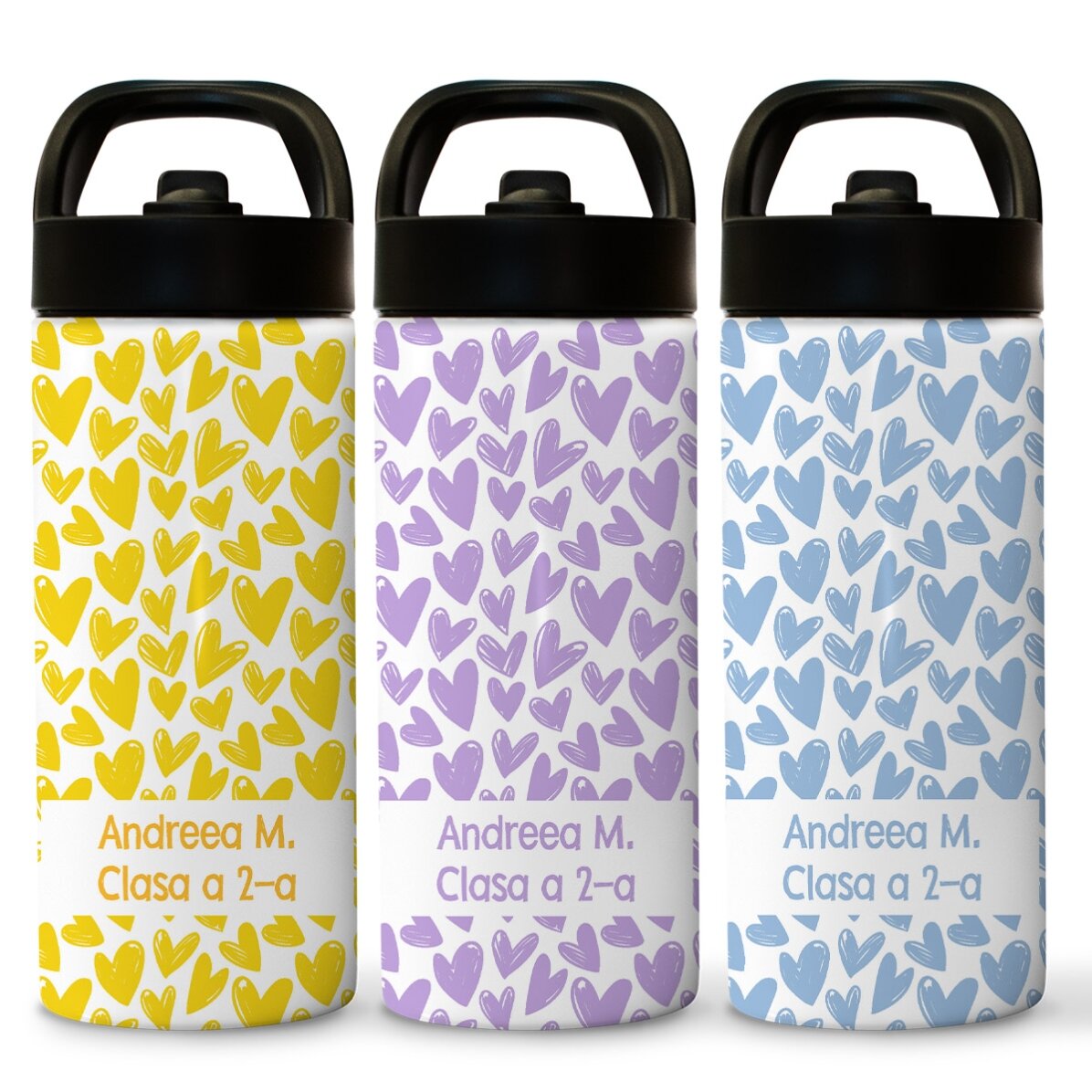 Thermosfles met handvat en rietje, gepersonaliseerd met naam - Hartjes