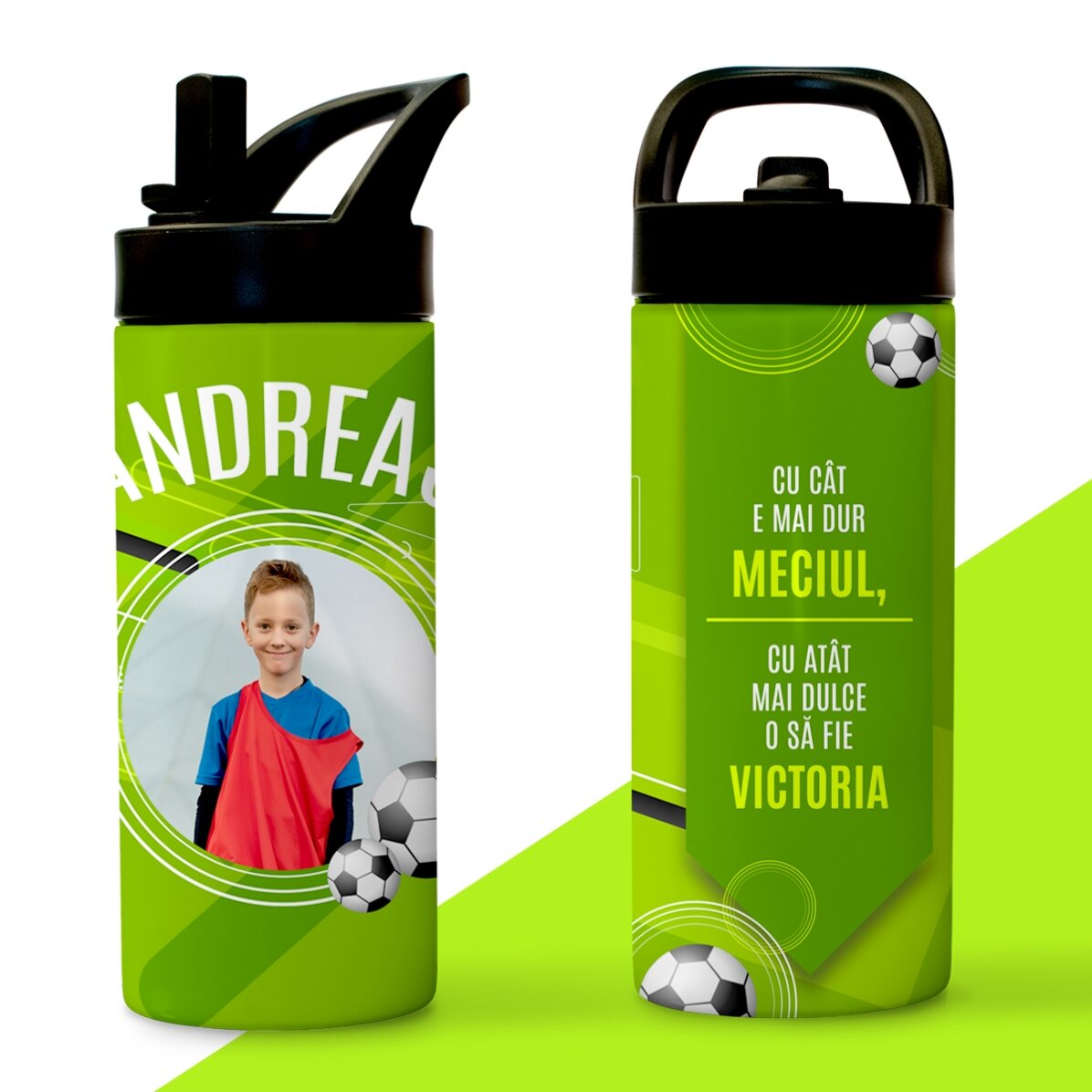 Thermosfles met handvat en rietje, gepersonaliseerd met tekst en foto - De kleine voetballer