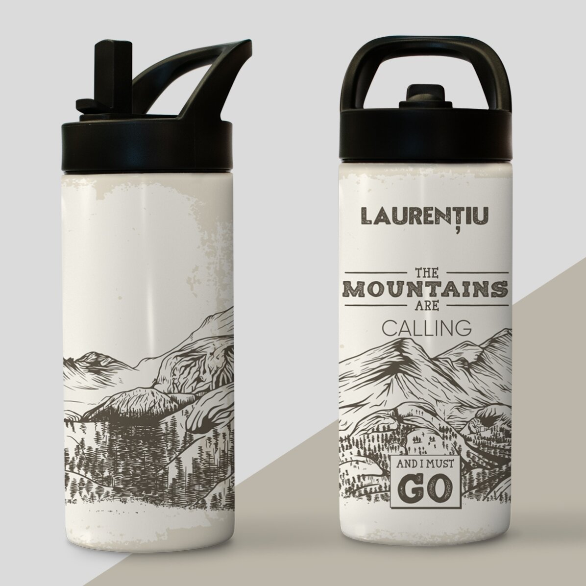 Thermosfles met handvat en rietje, gepersonaliseerd met naam - Mountains are calling