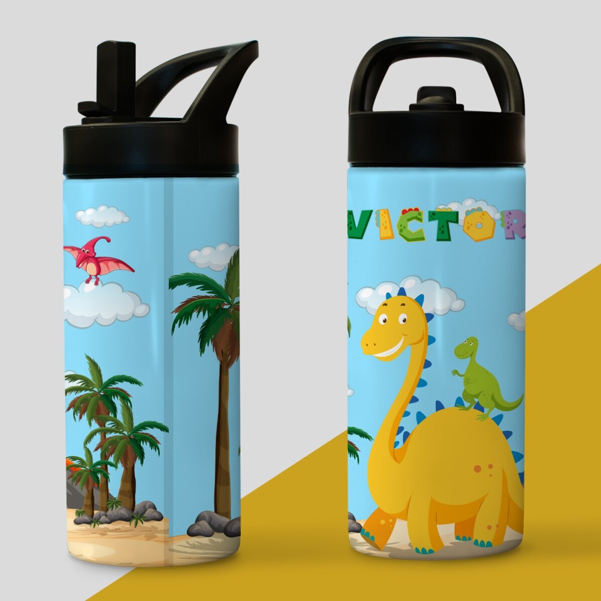 Thermosfles met handvat en rietje, gepersonaliseerd met naam voor kinderen - Dino