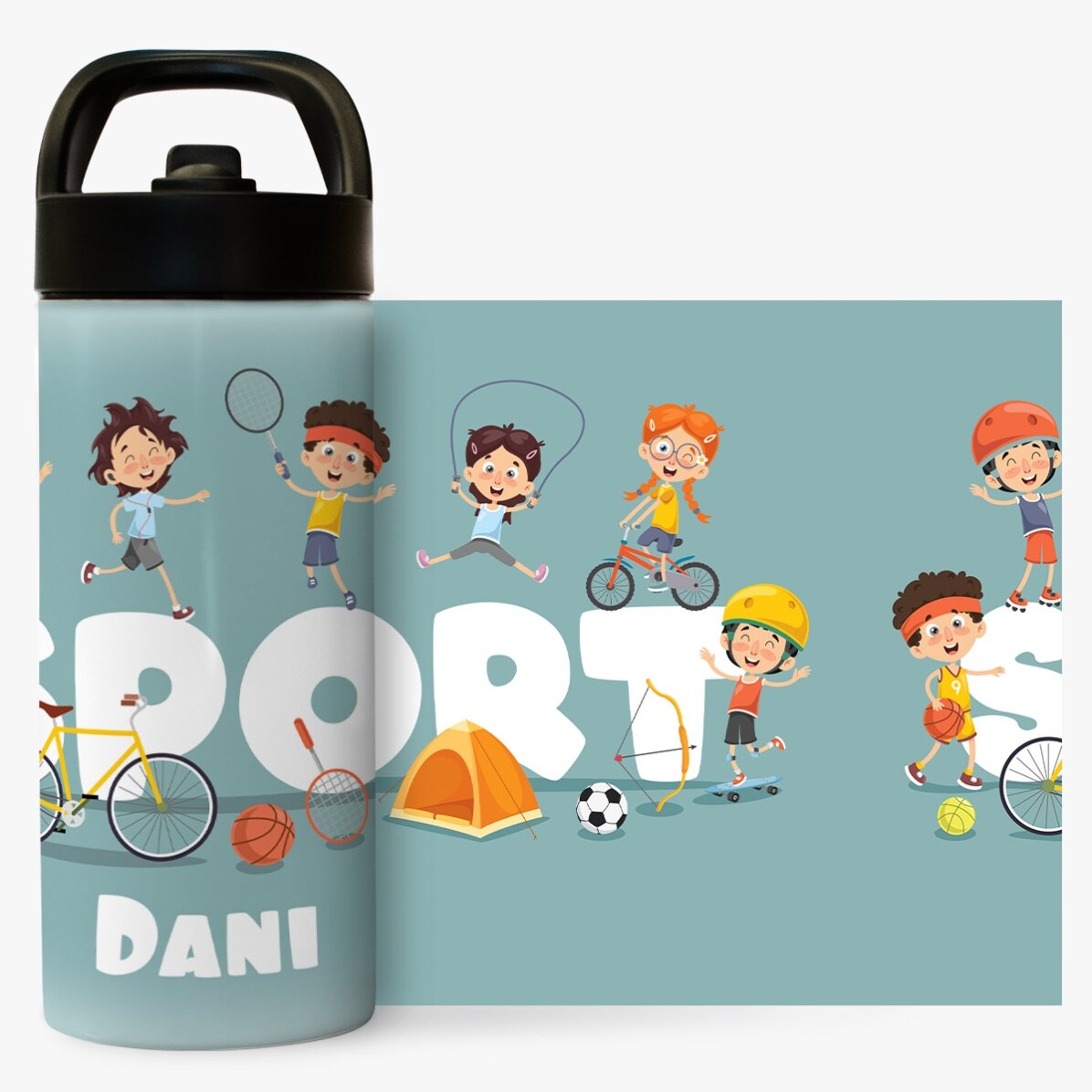 Thermosfles met handvat en rietje, gepersonaliseerd met naam voor kinderen - Sport