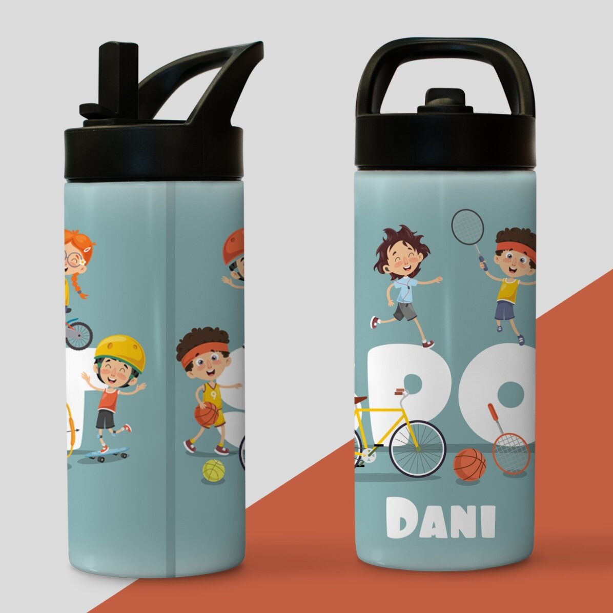 Thermosfles met handvat en rietje, gepersonaliseerd met naam voor kinderen - Sport