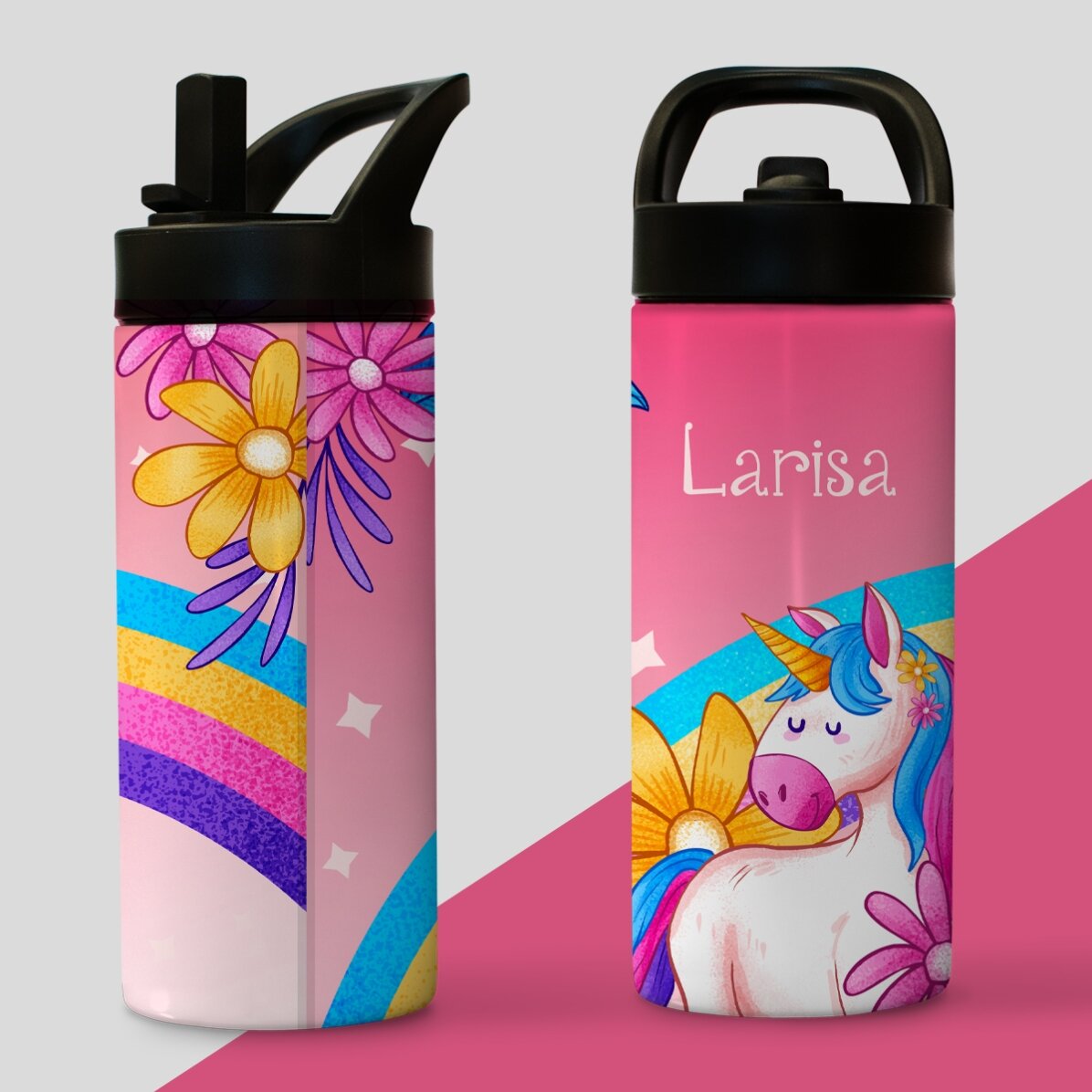 Thermosfles met handvat en rietje, gepersonaliseerd met naam voor kinderen - Eenhoorn