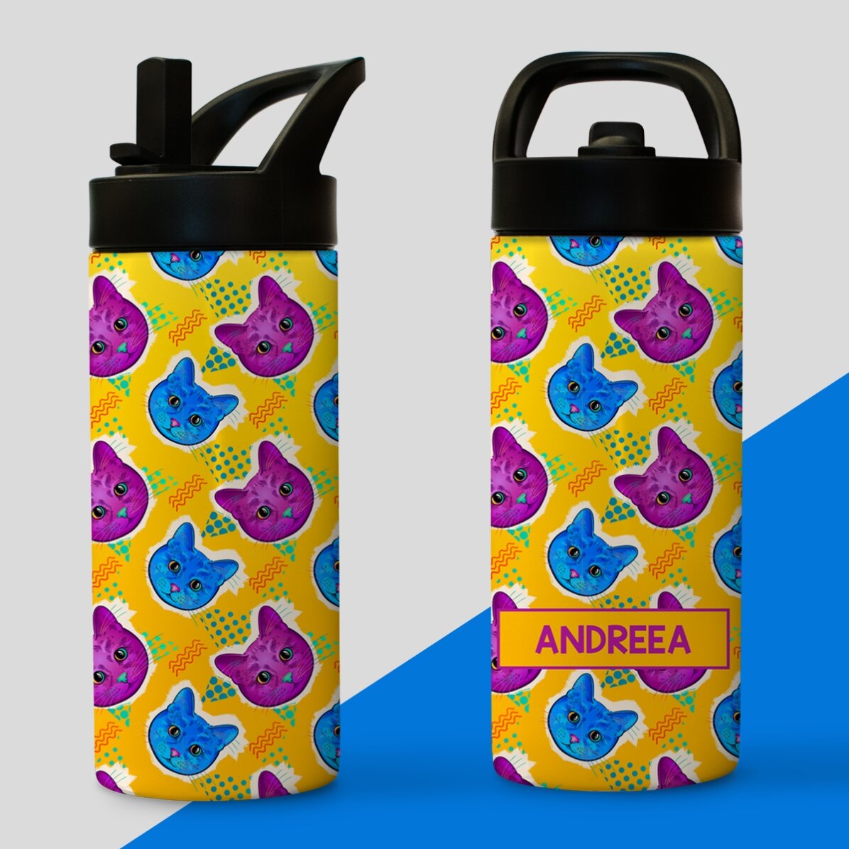 Thermos with handle and straw personalised with name - Colourful kittens