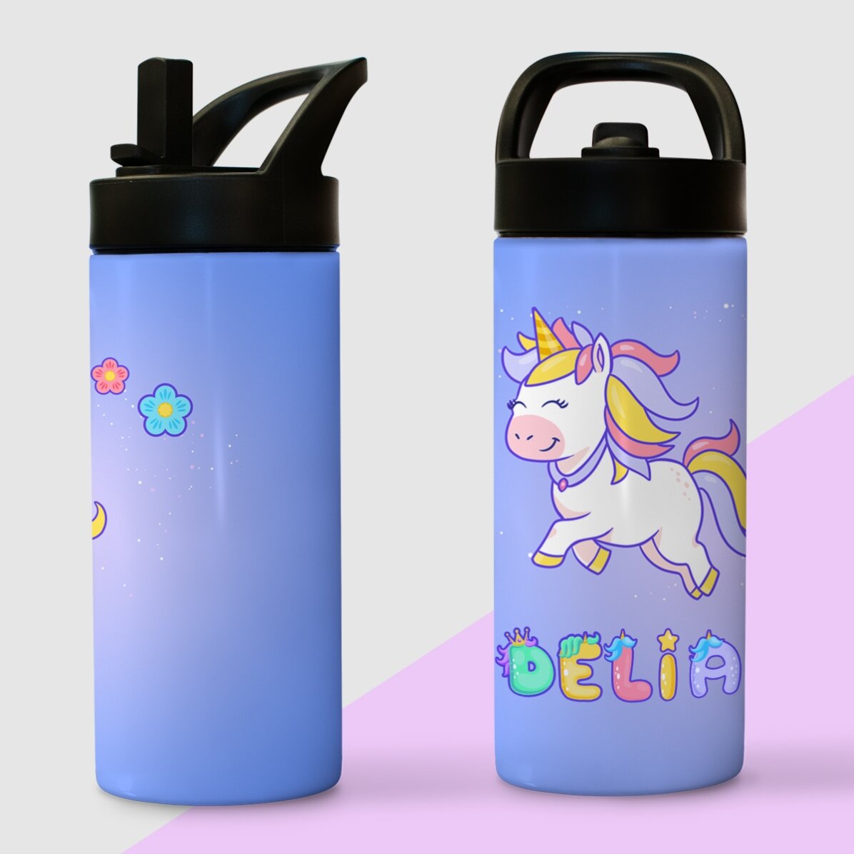 Thermosfles met handvat en rietje, gepersonaliseerd met naam - Eenhoorn