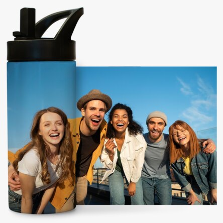 Thermos with handle and straw personalised with a photo