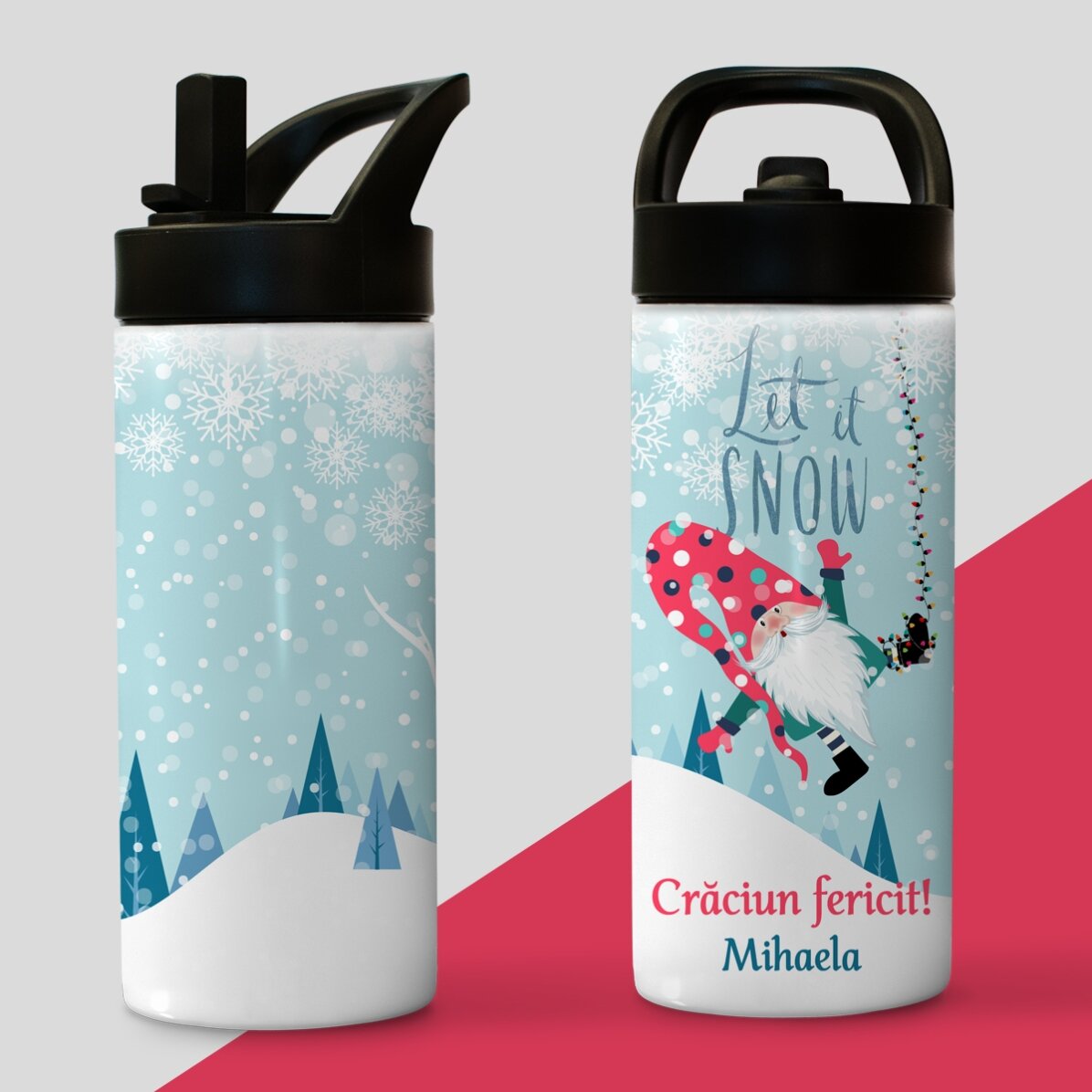Thermosfles met handvat en rietje, gepersonaliseerd met tekst - Let it snow