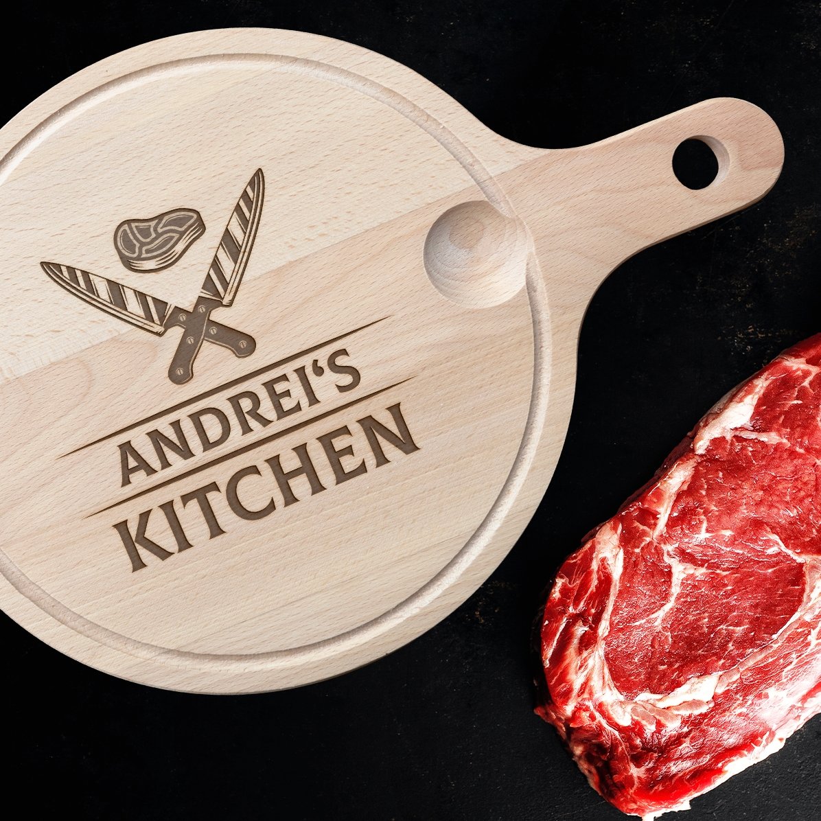 Ronde snijplank met gepersonaliseerd handvat - Messen