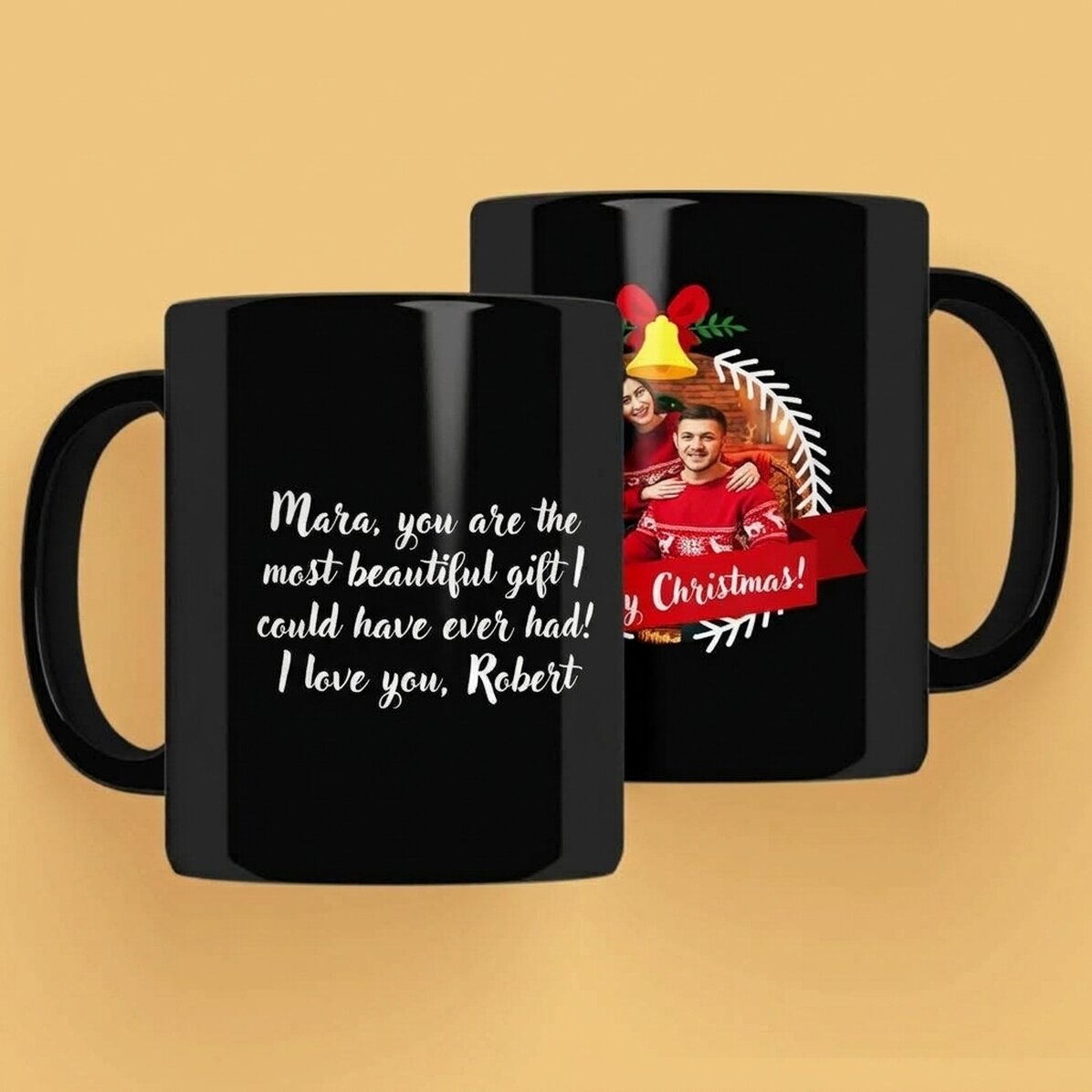 Gepersonaliseerde zwarte mok met foto en tekst - Merry Christmas