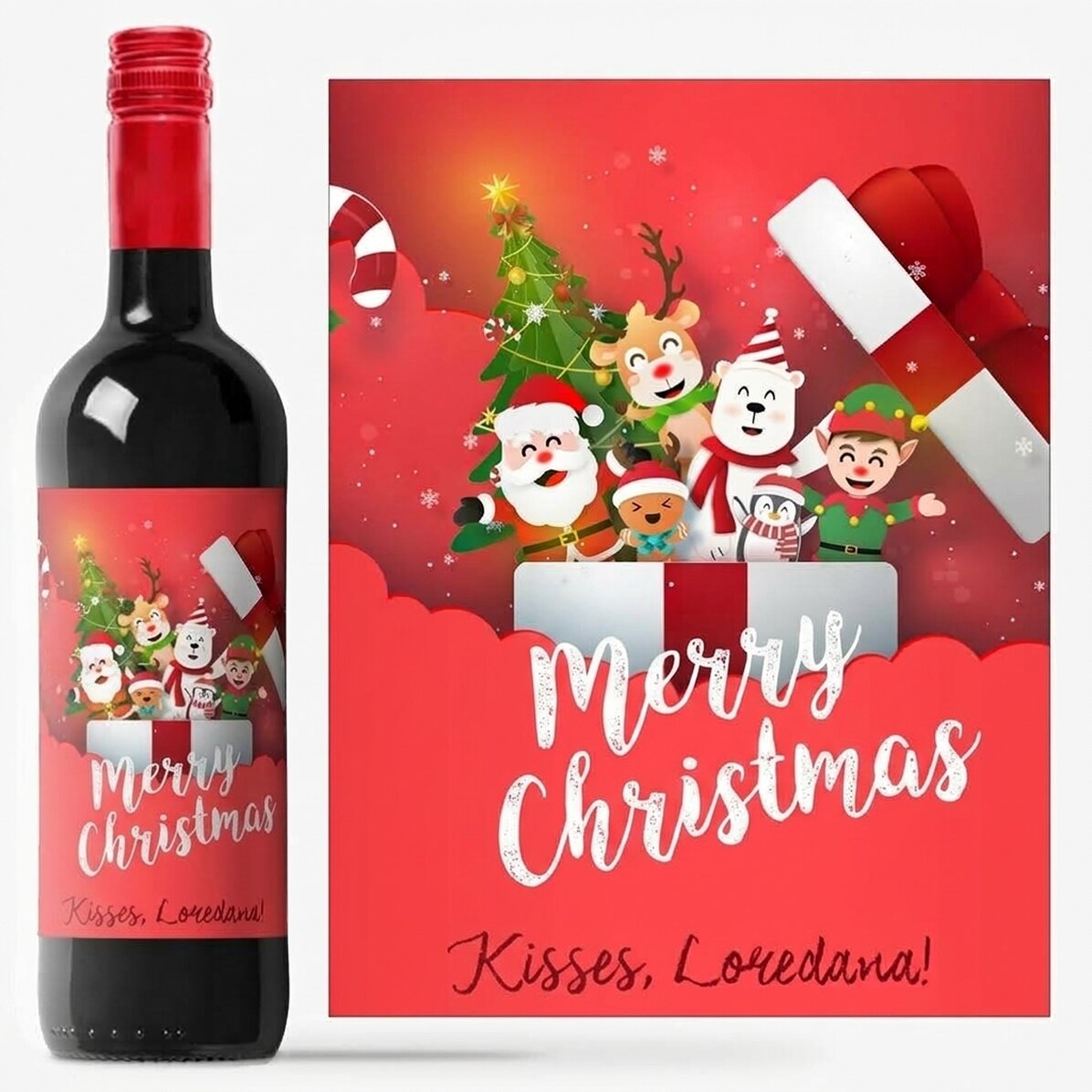Wijn met gepersonaliseerde tekst - Santa & his friends