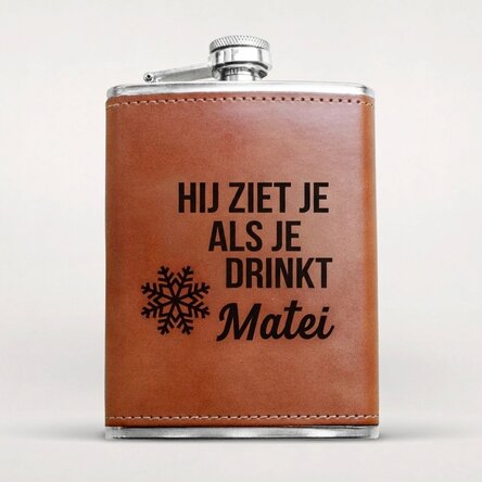 Gepersonaliseerde, met leer beklede zakfles - Hij ziet je als je aan het drinken bent