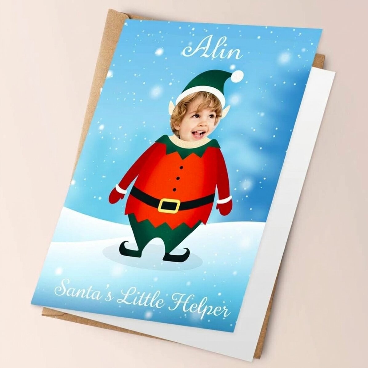 Gepersonaliseerde wenskaart met foto en tekst - De hulp van de Kerstman