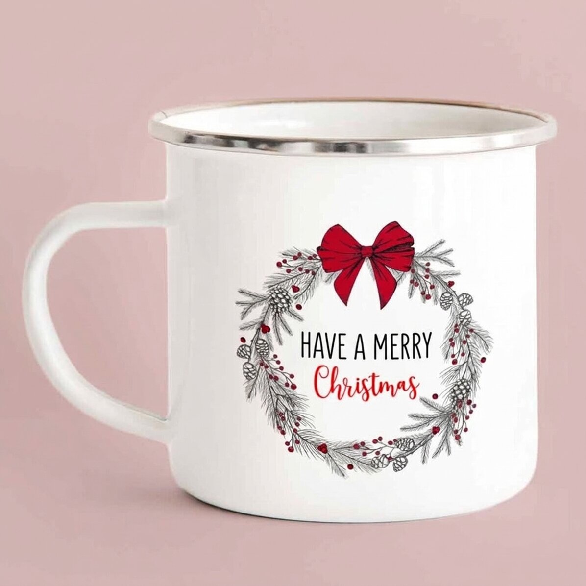 Geëmailleerde metalen beker met tekst - Jolly Christmas