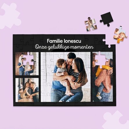 Gepersonaliseerde puzzel met 4 foto's en tekst, 28 x 19 cm