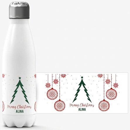 Gepersonaliseerde thermosfles met witte bodem en tekst - Kerstboom