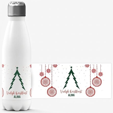 Gepersonaliseerde thermosfles met witte bodem en tekst - Kerstboom