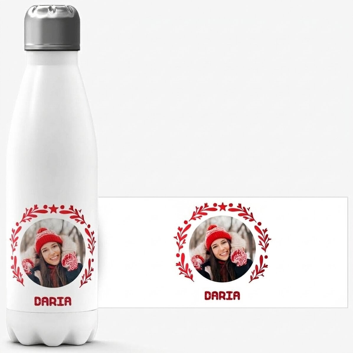 Gepersonaliseerde thermosfles met witte bodem, voorzien van foto en tekst – kerstmodel