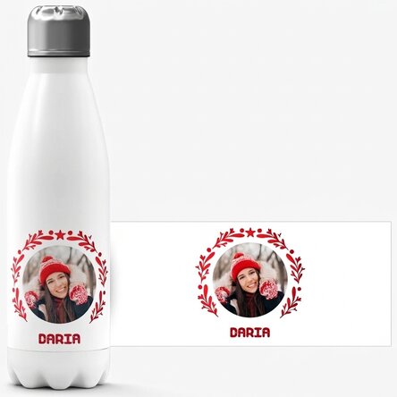 Gepersonaliseerde thermosfles met witte bodem, voorzien van foto en tekst – kerstmodel