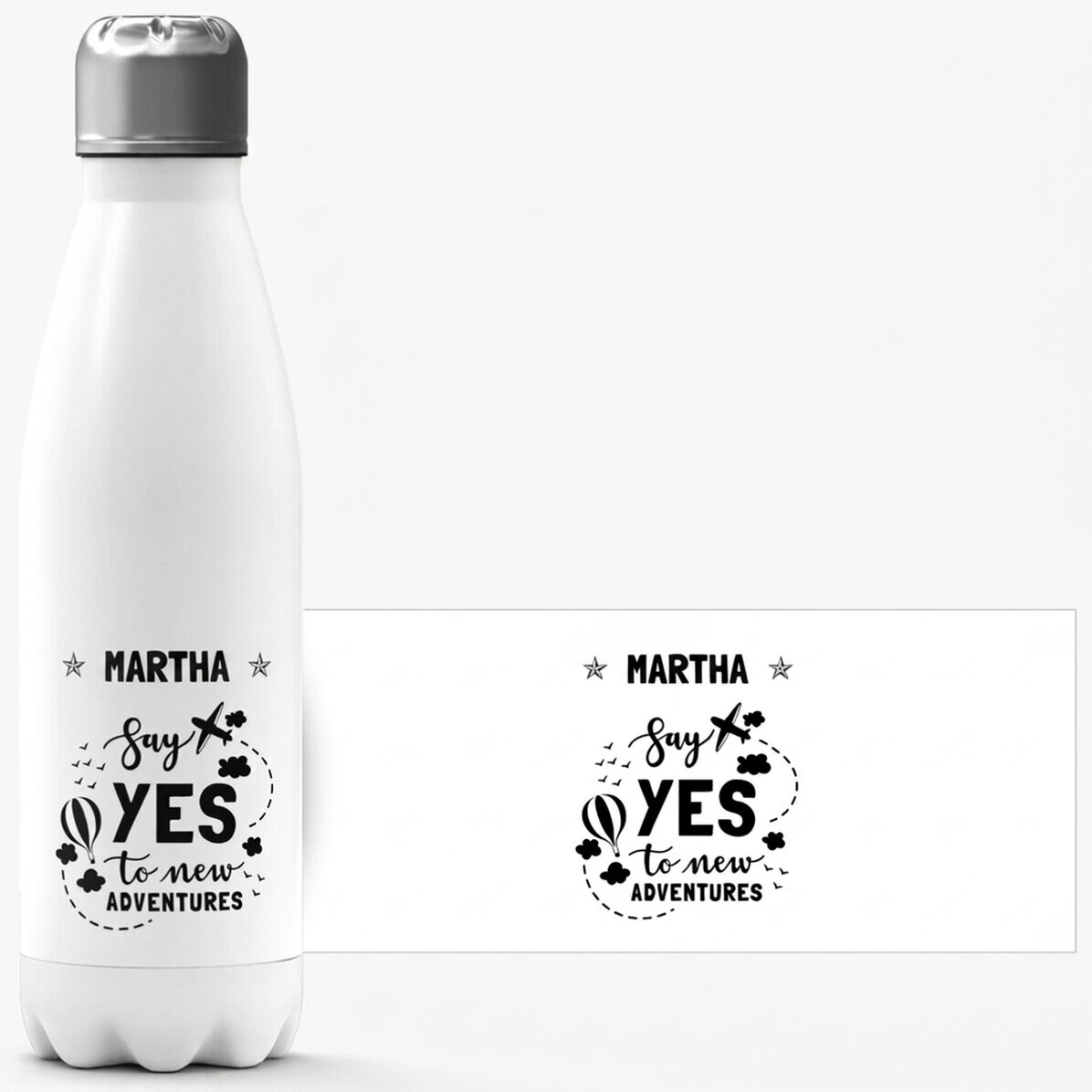Thermosfles met witte bodem, gepersonaliseerd met naam - New Adventures