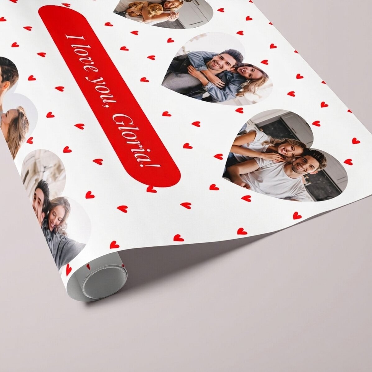 Gepersonaliseerd cadeaupapier met 6 foto’s en een boodschap