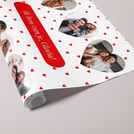 Gepersonaliseerd cadeaupapier met 6 foto’s en een boodschap