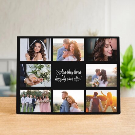 Personalised desk photo frame with 8 photos and text - Happily Ever After