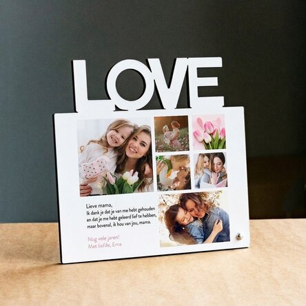 Gepersonaliseerde fotolijst voor op het bureau met 6 foto’s en tekst voor mama – model LOVE
