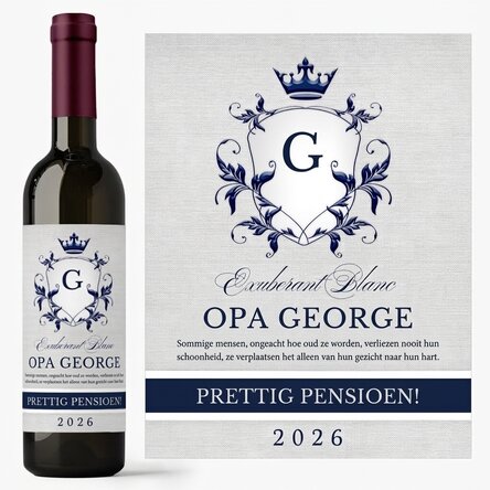 Wijn met gepersonaliseerde tekst ter gelegenheid van pensionering