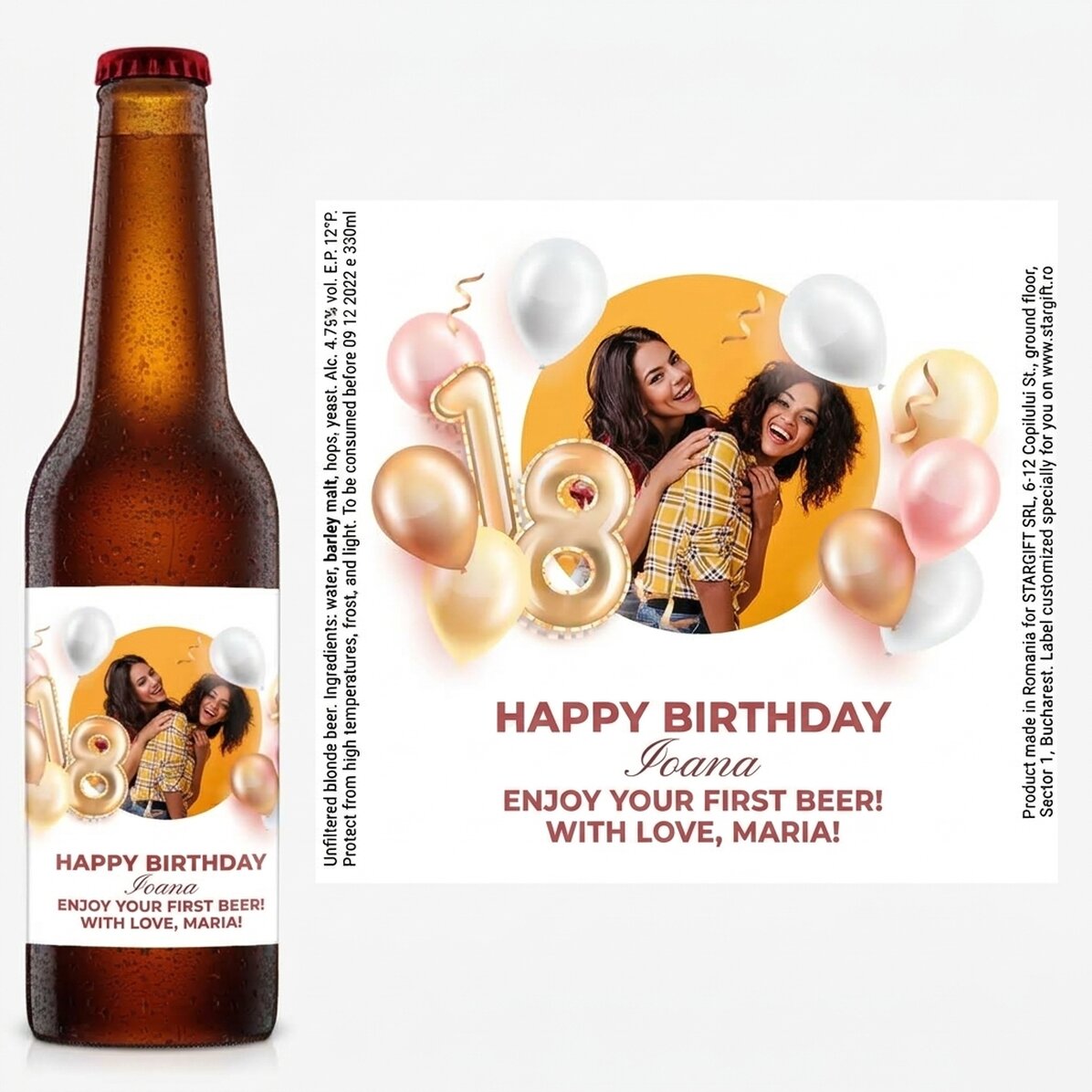 Gepersonaliseerd bier met een foto en tekst ter ere van het volwassen worden