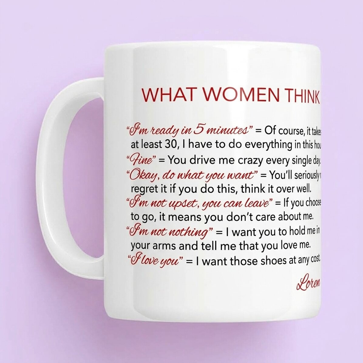 Beker met persoonlijke tekst - Wat vrouwen denken