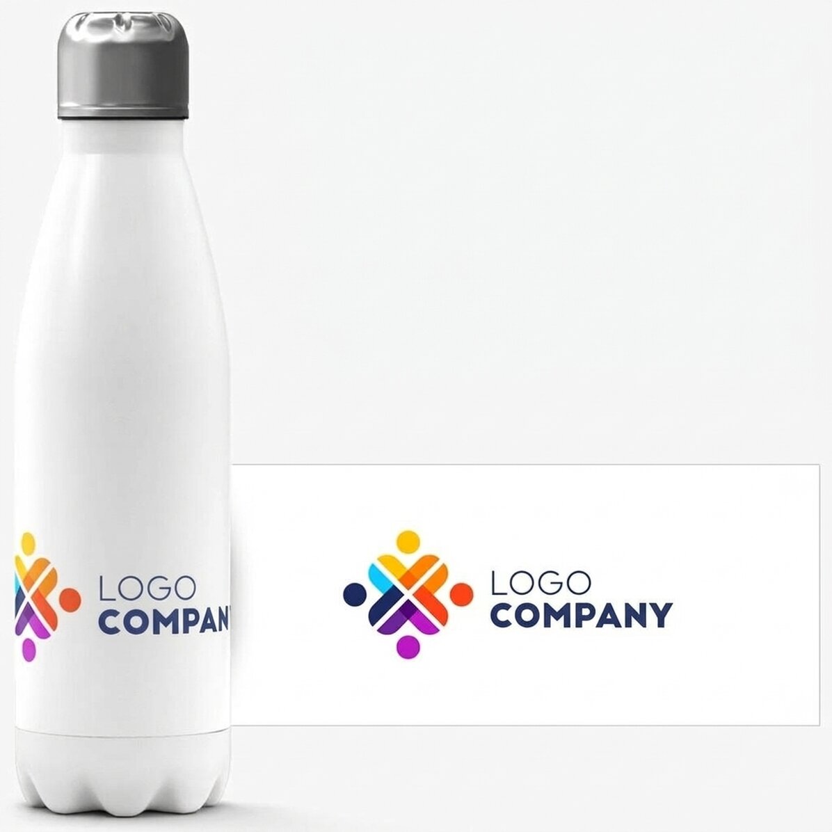 Gepersonaliseerde thermosfles met witte bodem en logo in liggende afbeelding