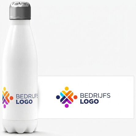 Gepersonaliseerde thermosfles met witte bodem en logo in liggende afbeelding