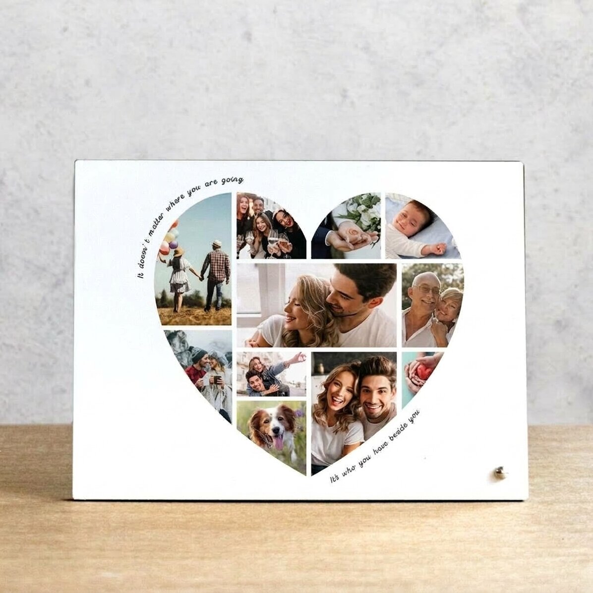 Gepersonaliseerde fotolijst voor op het bureau met 11 foto’s en tekst - Hart