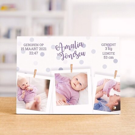 Gepersonaliseerde fotolijst voor op het bureau met 3 foto's en tekst - Welcome, baby!