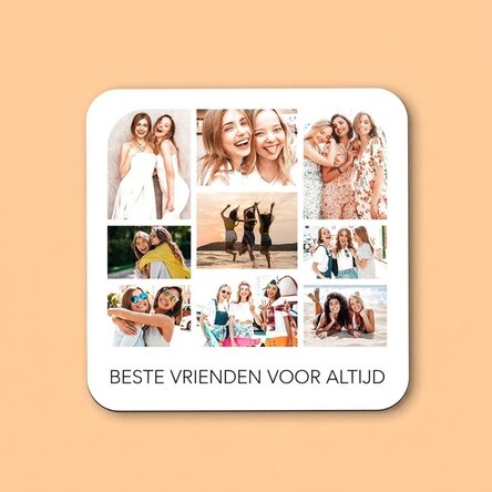 Gepersonaliseerde bierglashouder met een collage van foto’s en tekst