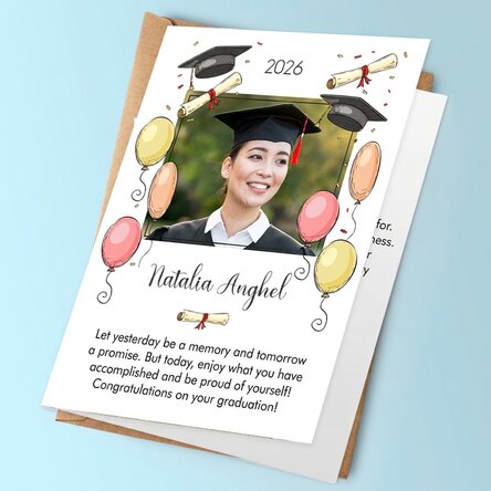 Gepersonaliseerde wenskaart met een foto en tekst - Afstuderen
