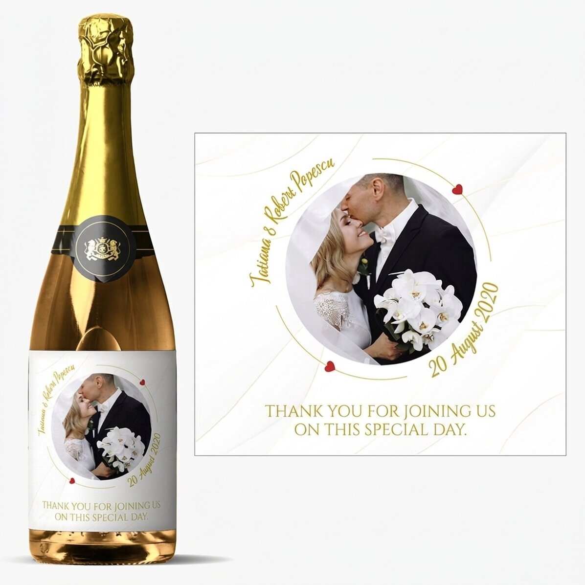Mooie mousserende wijn met eigen tekst en foto - Our Wedding