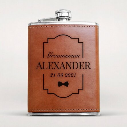 Leather-covered pocket flask personalised with text - Groomsman