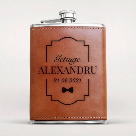 Zakfles met leren hoes, gepersonaliseerd met tekst - Groomsman