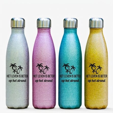 Gepersonaliseerde thermosfles met glitter en tekst - Life is better at the beach