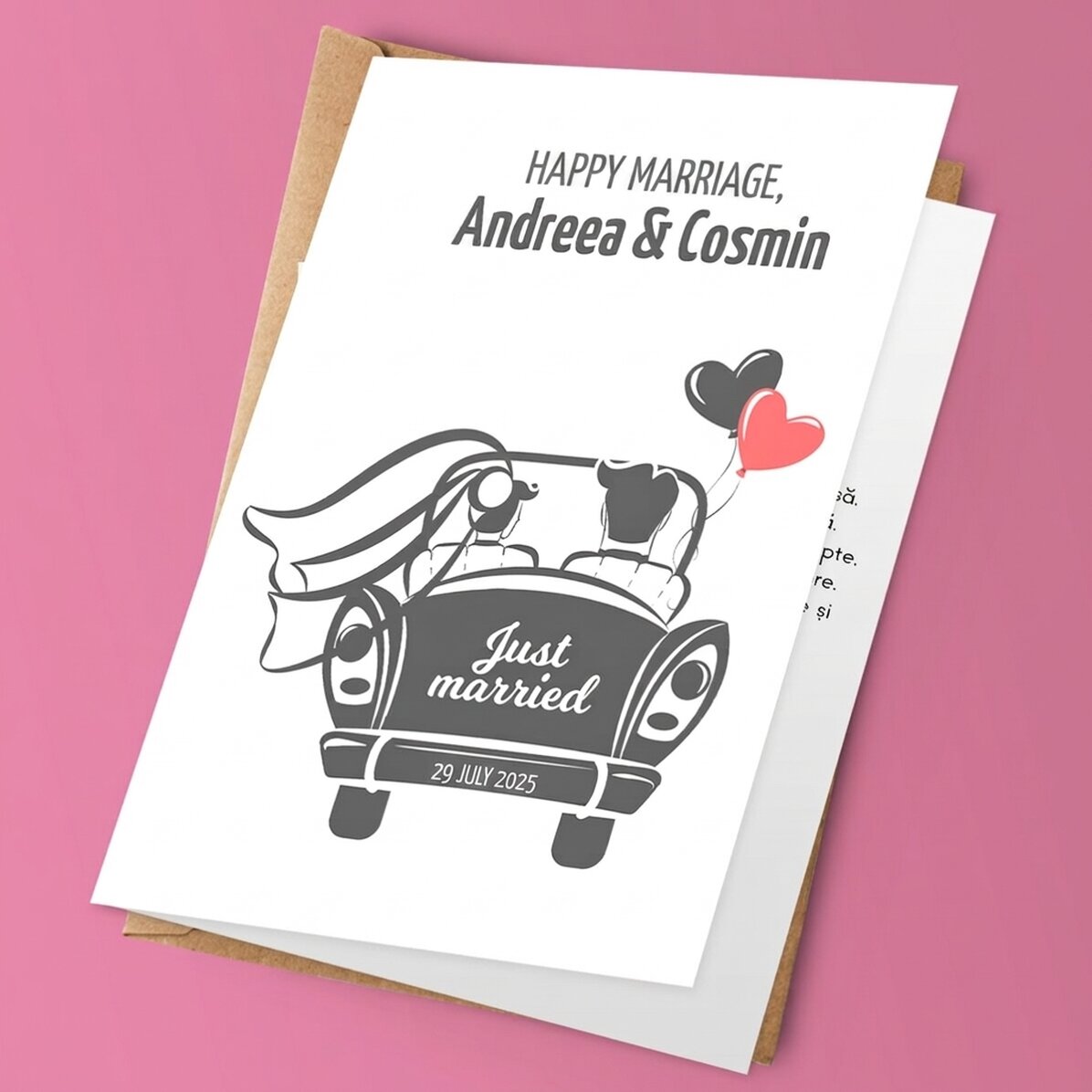 Gepersonaliseerde wenskaart met tekst - Just married