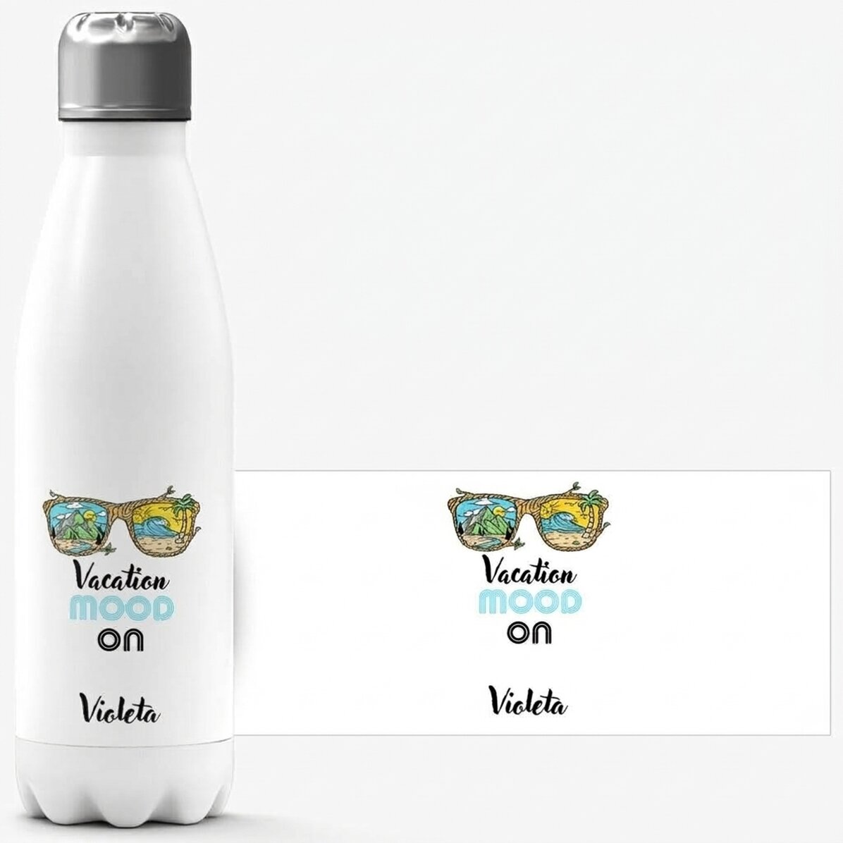 Thermosfles met witte bodem, gepersonaliseerd met naam - Vacation mood ON