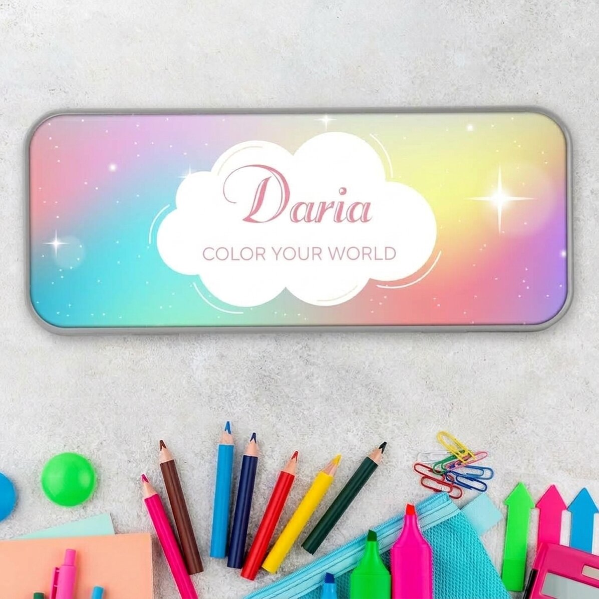 Gepersonaliseerd etui met tekst - Rainbow