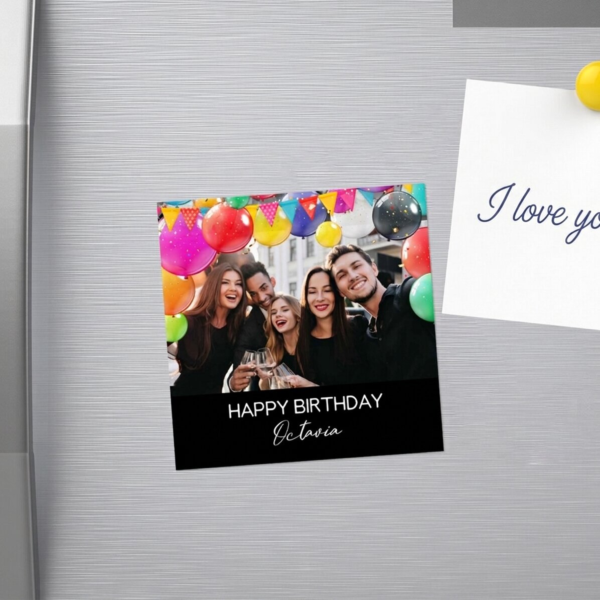 Gepersonaliseerde magneet van 10x10 met een foto en tekst - Happy Birthday