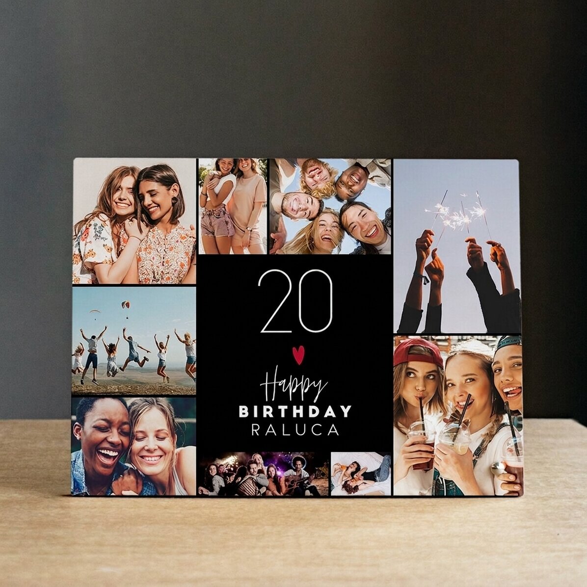 Gepersonaliseerde fotolijst voor op het bureau met 9 foto’s en tekst - Happy birthday