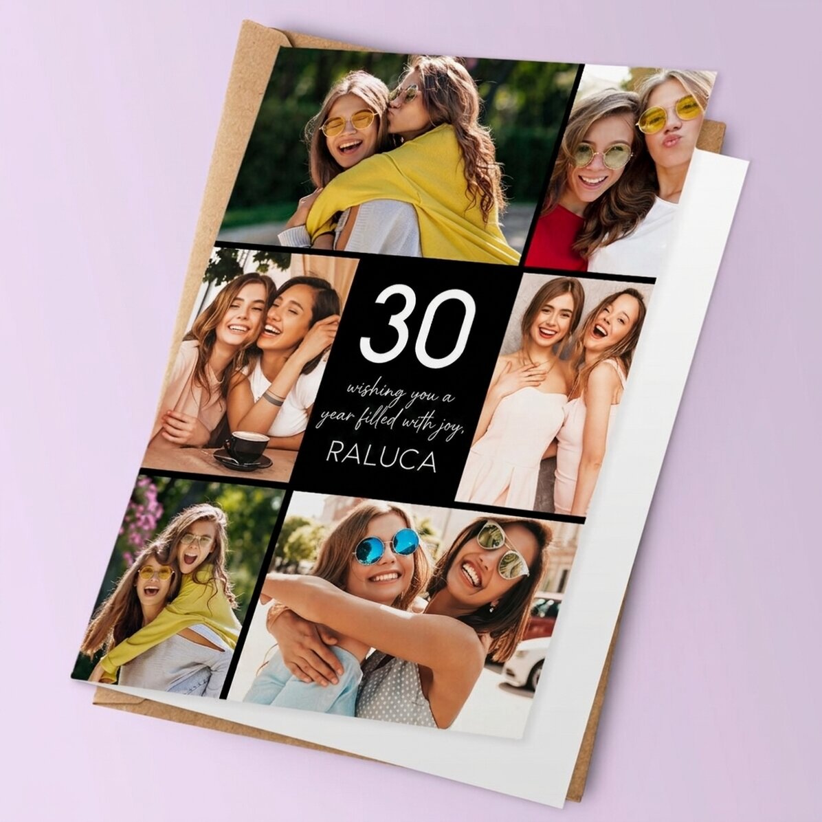 Gepersonaliseerde wenskaart voor meisjes, achterkant met foto’s en tekst