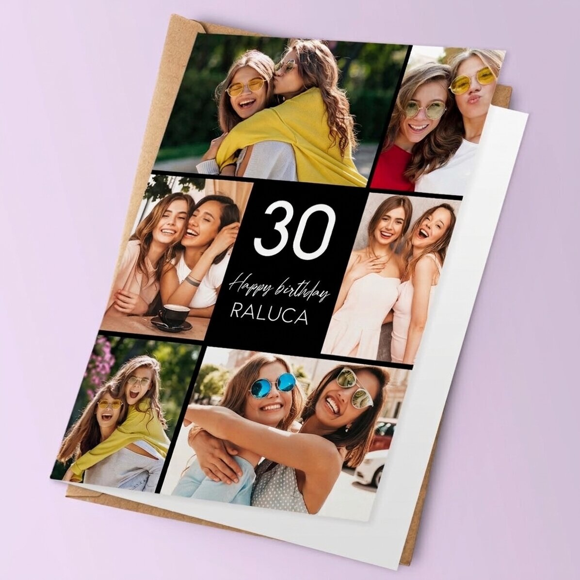 Gepersonaliseerde wenskaart voor meisjes, achterkant met foto’s en tekst