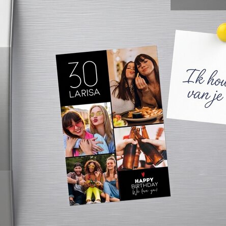Gepersonaliseerde magneet van 10 x 15 cm met tekst en 4 foto's - Happy birthday